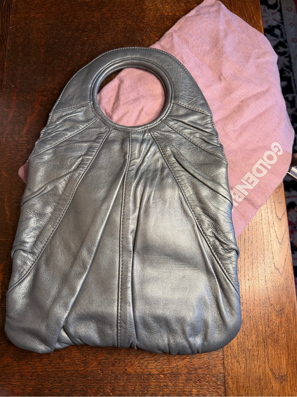 Goldenbleu Metallic Grey Leather Clutch Satchel Bag Suede Lining VGUC